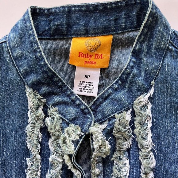 Ruby Rd Petite Blazer Denim Jacket Women's Size 8P  3/4 Sleeves Fringe Trim Blue - Picture 3 of 10